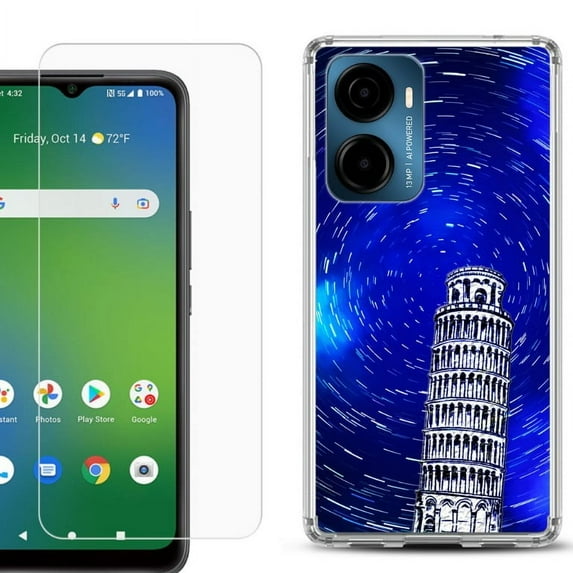 For Cricket Magic 2 5G Phone Case Cover, Shockproof Bumper Hybrid Case with Tempered Glass Screen Protector, by OneToughShield - Tower of Pisa