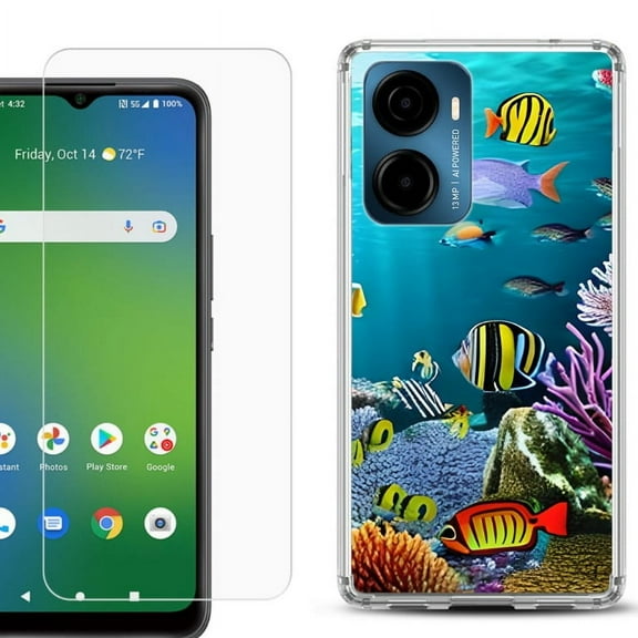 For Cricket Magic 2 5G Phone Case Cover, Shockproof Bumper Hybrid Case with Tempered Glass Screen Protector, by OneToughShield - Underwater