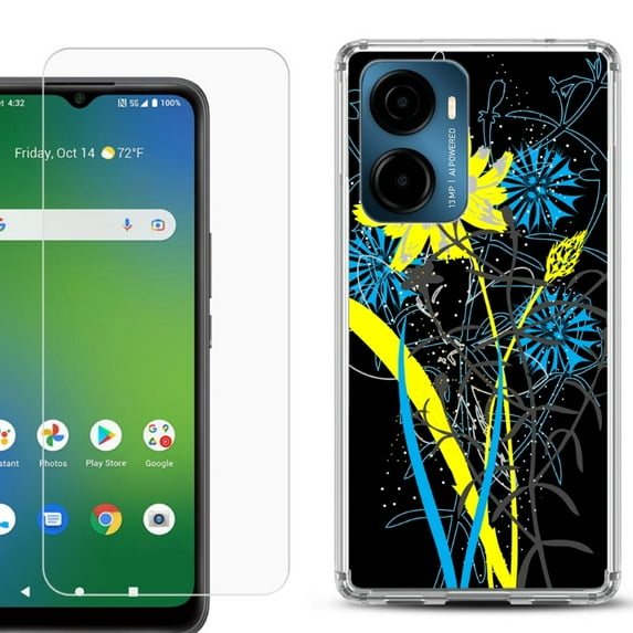 For Cricket Magic 2 5G Phone Case Cover, Shockproof Bumper Hybrid Case with Tempered Glass Screen Protector, by OneToughShield - Wild Flowers