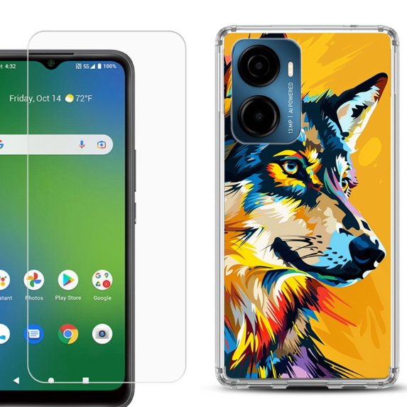 For Cricket Magic 2 5G Phone Case Cover, Shockproof Bumper Hybrid Case with Tempered Glass Screen Protector, by OneToughShield - Wolf Art