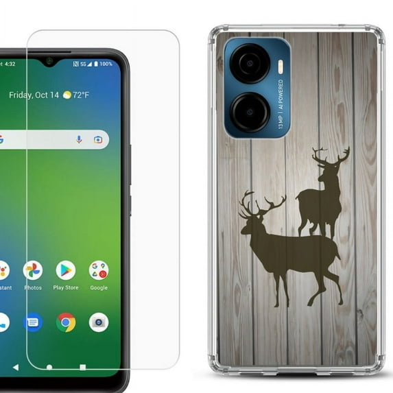 For Cricket Magic 2 5G Phone Case Cover, Shockproof Bumper Hybrid Case with Tempered Glass Screen Protector, by OneToughShield - Wood/Deer