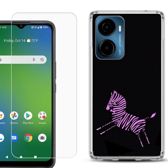 For Cricket Magic 2 5G Phone Case Cover, Shockproof Bumper Hybrid Case with Tempered Glass Screen Protector, by OneToughShield - Zebra Running