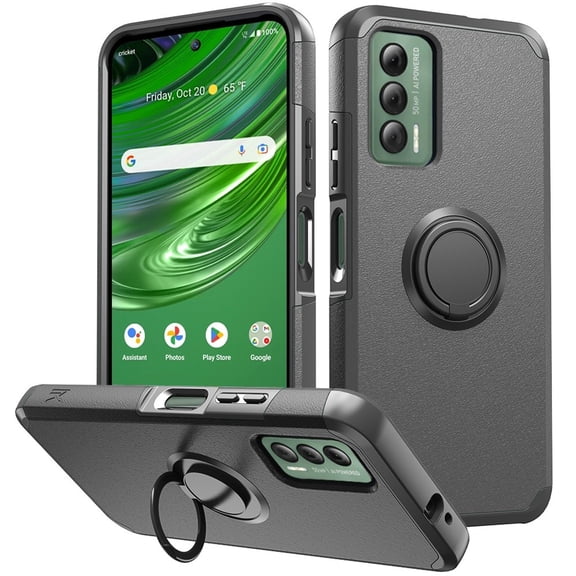 For Cricket Outlast U680AC Ring Kickstand Cellphone Cover Case + Tempered Glass - mkrng Gray