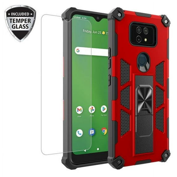 For Cricket Ovation 2 / AT&T Maestro Max 2021 Case w/Tempered Glass Screen Protector Ring Car Mount Kickstand Hybrid Hard Shockproof Phone Case - Red