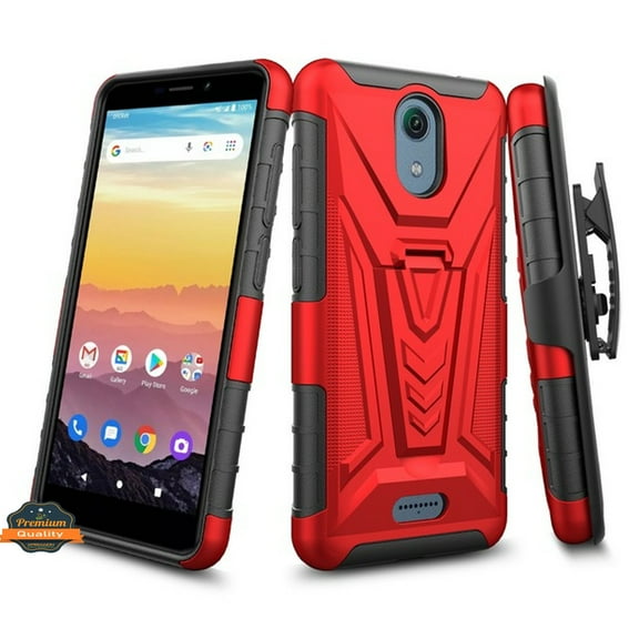 For Cricket Vision 3 Hybrid Armor Kickstand with Swivel Belt Clip Holster Heavy Duty 3 in 1 Stand Defender Shockproof Rugged Phone Case Cover by Xpression [Red]
