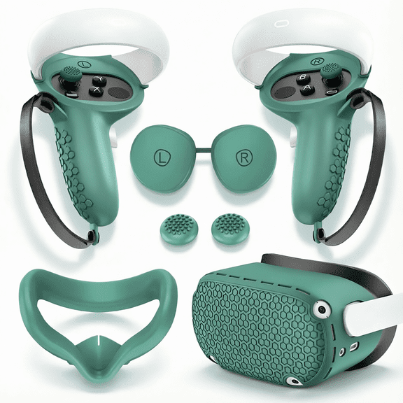 For Dark Green Full Set Silicone VR Accessories Compatible with Meta Quest 2 Face Cushion Controller Grips Lens Cover Headset Shell Thumb Stick Caps