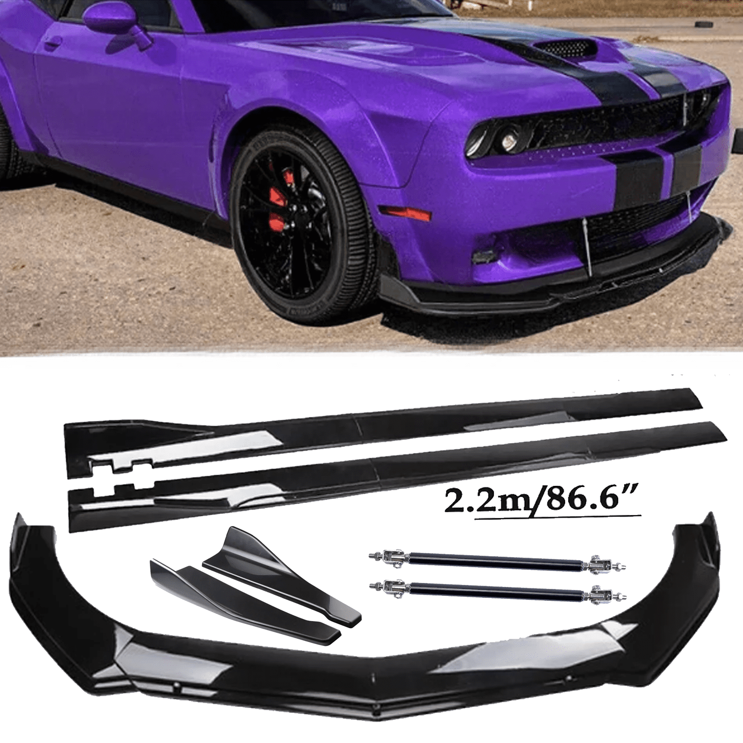 Glossy Black Body Kit For Dodge Challenger - 4pc Front Bumper Lip, 2pc Side Skirts, Strut Rods - 8pc Set