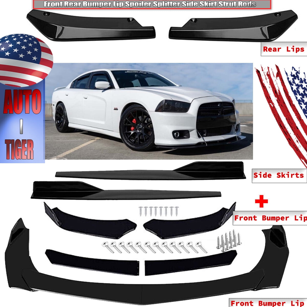 Front Bumper Lip Spoiler With Strut Rods For Dodge Charger RT/SRT/SXT – Gloss Black, 4pc