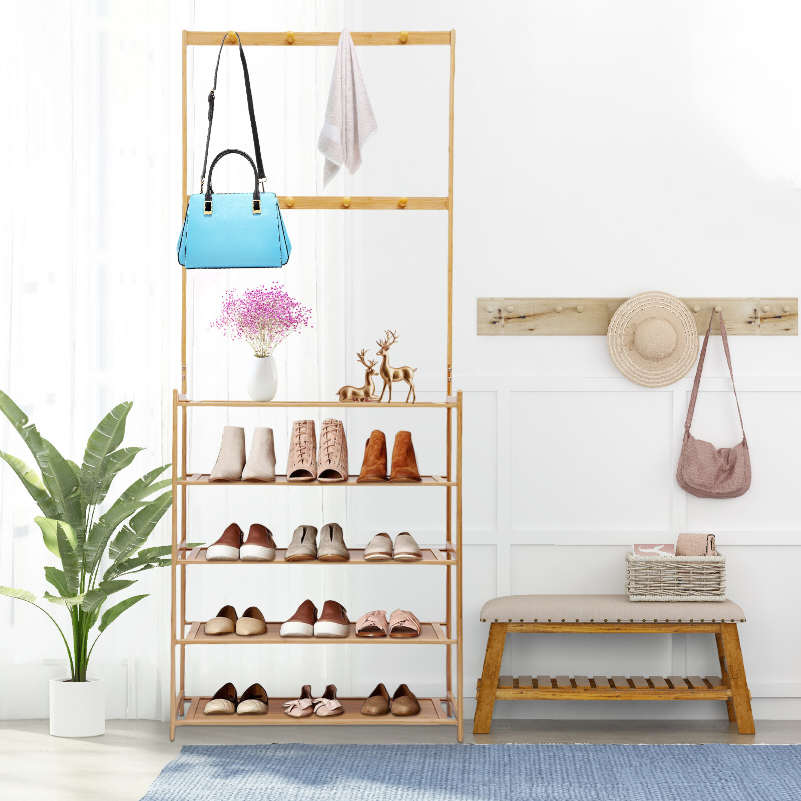 Tree Shoe Rack For Entryway Storage Shelf COAT RACK SHOE BENCH Vintage 3in1 Hall Tree ...