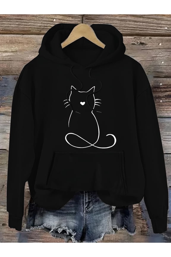 For Fall & Spring, Casual Cat Print Kangaroo Pocket Drawstring Hoodie, Women's Clothing Hooded Sweatshirt
