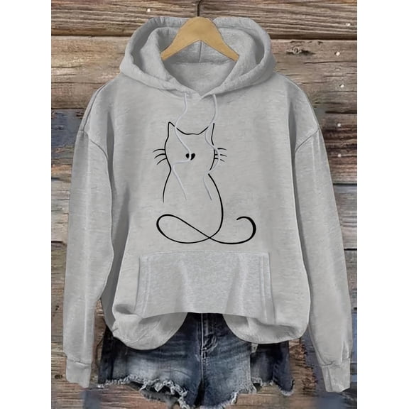 For Fall & Spring, Casual Cat Print Kangaroo Pocket Drawstring Hoodie, Women's Clothing Hooded Sweatshirt