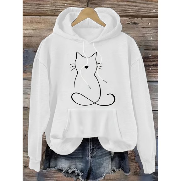For Fall & Spring, Casual Cat Print Kangaroo Pocket Drawstring Hoodie, Women's Clothing Hooded Sweatshirt