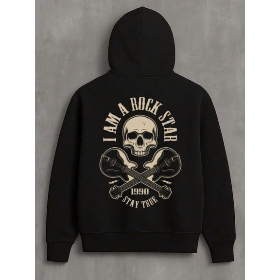 For Family And Friends Rock Star Skull & Guitars Zip-Up Hoodie - Stay True 1990 Cotton-Polyester Blend (Polyester 60%, Cotton 40%)