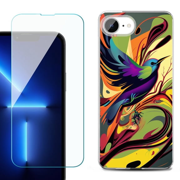 For For iPhone 16e Phone Case Cover, Shockproof Case with Tempered Glass Screen Protector, by OneToughShield - Abstract Bird