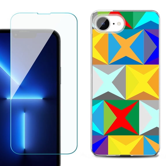 For For iPhone 16e Phone Case Cover, Shockproof Case with Tempered Glass Screen Protector, by OneToughShield - Abstract Color