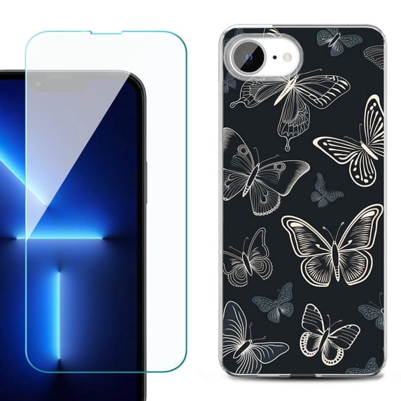 For For iPhone 16e Phone Case Cover, Shockproof Case with Tempered Glass Screen Protector, by OneToughShield - Butterfly BW