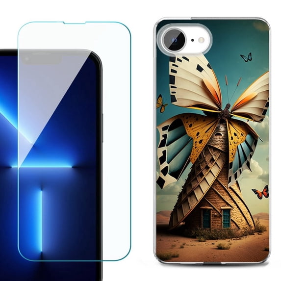 For For iPhone 16e Phone Case Cover, Shockproof Case with Tempered Glass Screen Protector, by OneToughShield - Butterfly Windmills
