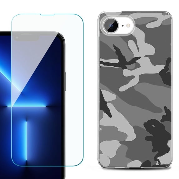 For For iPhone 16e Phone Case Cover, Shockproof Case with Tempered Glass Screen Protector, by OneToughShield - Camo B/W
