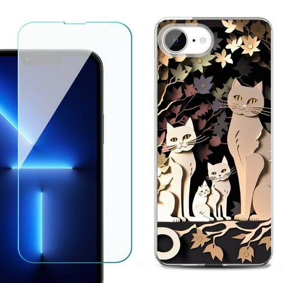 For For iPhone 16e Phone Case Cover, Shockproof Case with Tempered Glass Screen Protector, by OneToughShield - Cat Craft