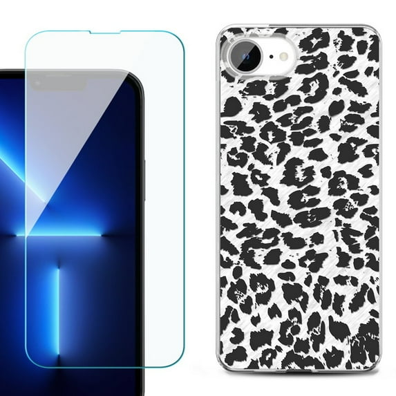For For iPhone 16e Phone Case Cover, Shockproof Case with Tempered Glass Screen Protector, by OneToughShield - Cheetah B/W