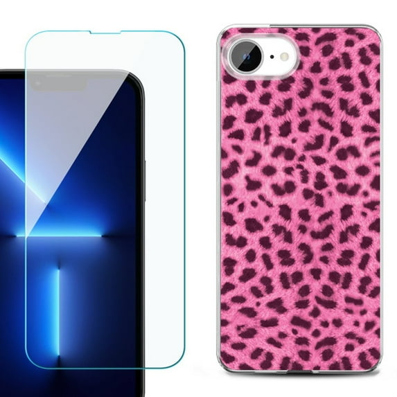 For For iPhone 16e Phone Case Cover, Shockproof Case with Tempered Glass Screen Protector, by OneToughShield - Cheetah Pink