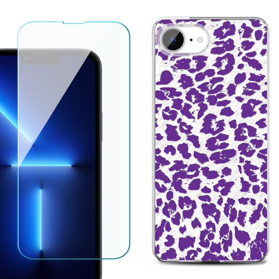 For For iPhone 16e Phone Case Cover, Shockproof Case with Tempered Glass Screen Protector, by OneToughShield - Cheetah Purple