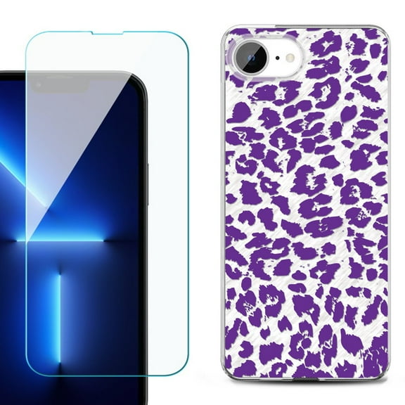 For For iPhone 16e Phone Case Cover, Shockproof Case with Tempered Glass Screen Protector, by OneToughShield - Cheetah Purple