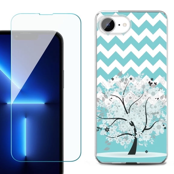 For For iPhone 16e Phone Case Cover, Shockproof Case with Tempered Glass Screen Protector, by OneToughShield - Chevron/Tree