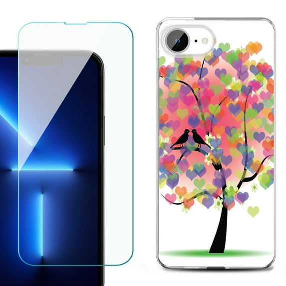 For For iPhone 16e Phone Case Cover, Shockproof Case with Tempered Glass Screen Protector, by OneToughShield - Color Hearts Tree