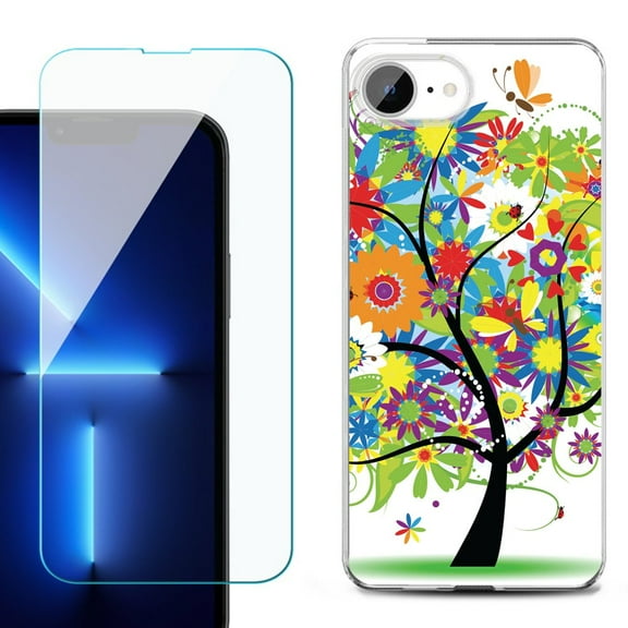 For For iPhone 16e Phone Case Cover, Shockproof Case with Tempered Glass Screen Protector, by OneToughShield - Colorful Tree
