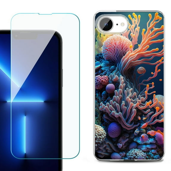 For For iPhone 16e Phone Case Cover, Shockproof Case with Tempered Glass Screen Protector, by OneToughShield - Coral