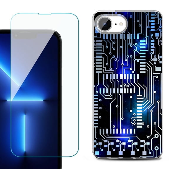 For For iPhone 16e Phone Case Cover, Shockproof Case with Tempered Glass Screen Protector, by OneToughShield - Cosmos Circuit