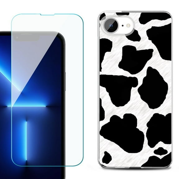 For For iPhone 16e Phone Case Cover, Shockproof Case with Tempered Glass Screen Protector, by OneToughShield - Cow Skin Design