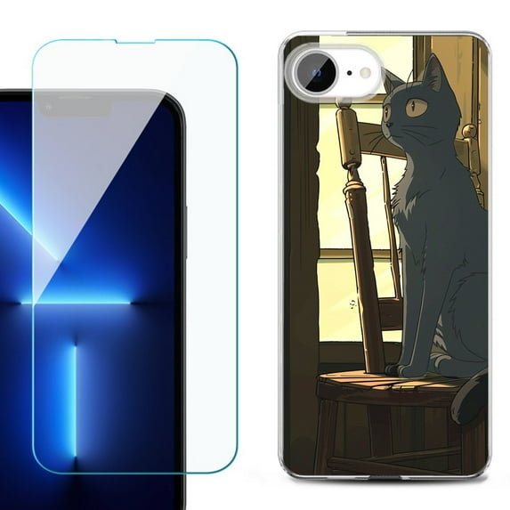 For For iPhone 16e Phone Case Cover, Shockproof Case with Tempered Glass Screen Protector, by OneToughShield - Curious Cat
