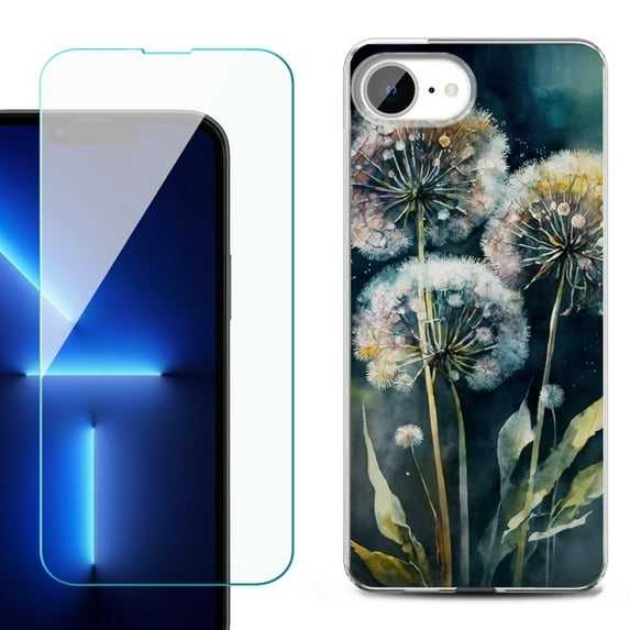 For For iPhone 16e Phone Case Cover, Shockproof Case with Tempered Glass Screen Protector, by OneToughShield - Dandelion Color