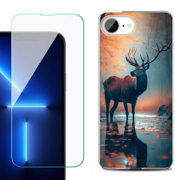For For iPhone 16e Phone Case Cover, Shockproof Case with Tempered Glass Screen Protector, by OneToughShield - Deer Autumn