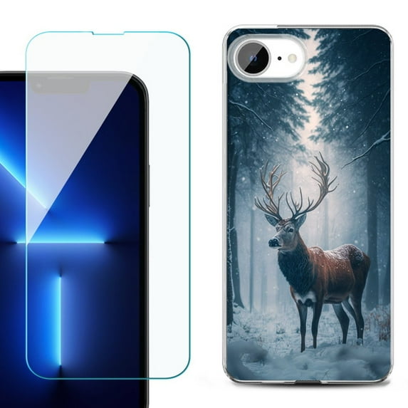 For For iPhone 16e Phone Case Cover, Shockproof Case with Tempered Glass Screen Protector, by OneToughShield - Deer Winter