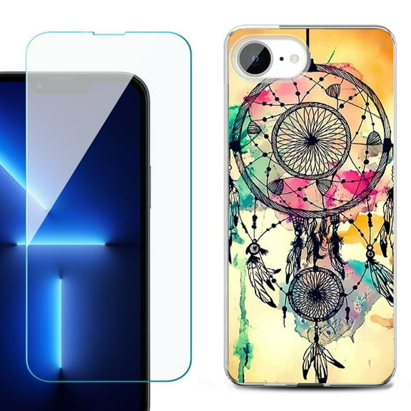 For For iPhone 16e Phone Case Cover, Shockproof Case with Tempered Glass Screen Protector, by OneToughShield - Dream Catcher Color
