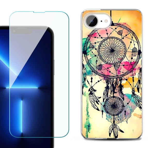 For For iPhone 16e Phone Case Cover, Shockproof Case with Tempered Glass Screen Protector, by OneToughShield - Dream Catcher Color