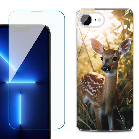 For For iPhone 16e Phone Case Cover, Shockproof Case with Tempered Glass Screen Protector, by OneToughShield - Fawn Deer