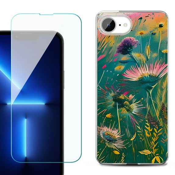 For For iPhone 16e Phone Case Cover, Shockproof Case with Tempered Glass Screen Protector, by OneToughShield - Flower Wind