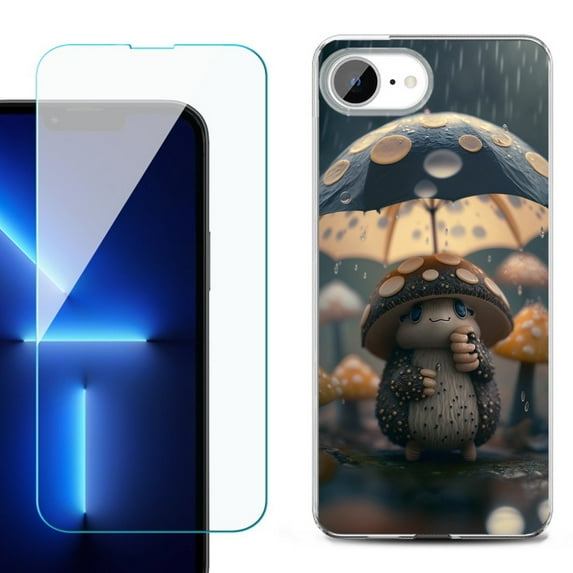 For For iPhone 16e Phone Case Cover, Shockproof Case with Tempered Glass Screen Protector, by OneToughShield - Frog n Mushroom