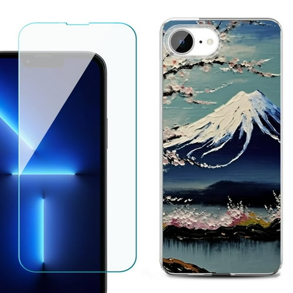 For For iPhone 16e Phone Case Cover, Shockproof Case with Tempered Glass Screen Protector, by OneToughShield - Fuji Blossom