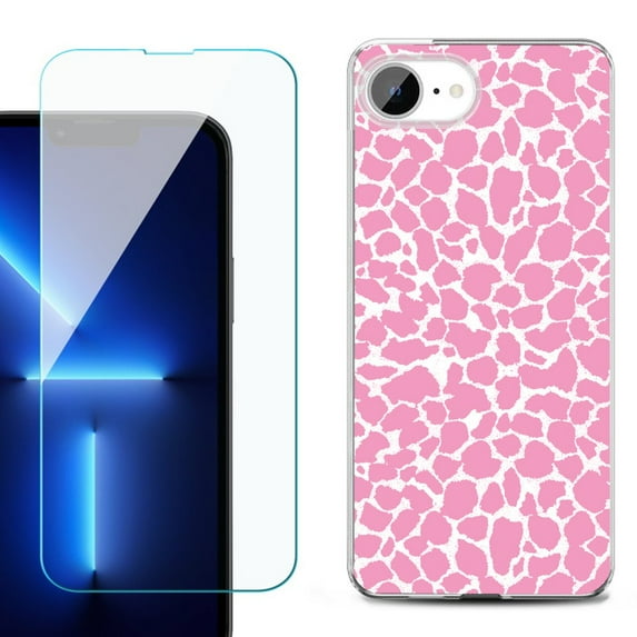 For For iPhone 16e Phone Case Cover, Shockproof Case with Tempered Glass Screen Protector, by OneToughShield - Giraffe/Pink