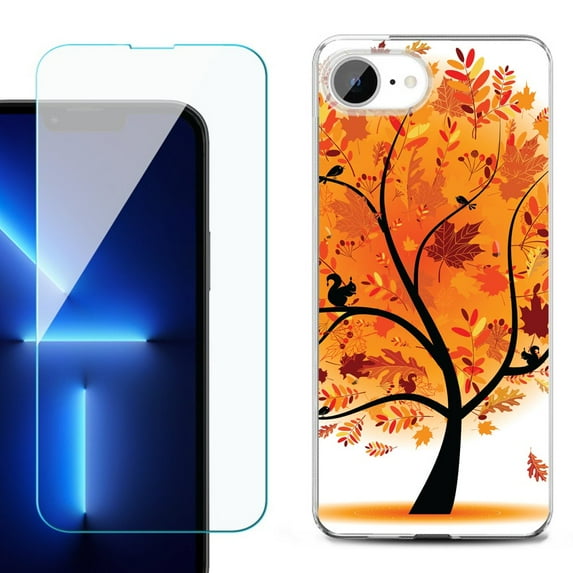 For For iPhone 16e Phone Case Cover, Shockproof Case with Tempered Glass Screen Protector, by OneToughShield - Golden Tree