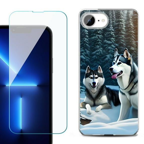 For For iPhone 16e Phone Case Cover, Shockproof Case with Tempered Glass Screen Protector, by OneToughShield - Husky Snow