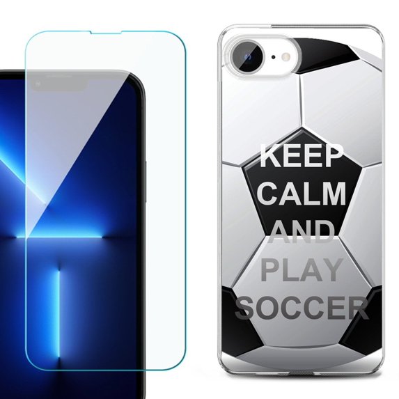 For For iPhone 16e Phone Case Cover, Shockproof Case with Tempered Glass Screen Protector, by OneToughShield - Keep Calm Soccer