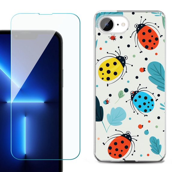 For For iPhone 16e Phone Case Cover, Shockproof Case with Tempered Glass Screen Protector, by OneToughShield - Ladybug Mix