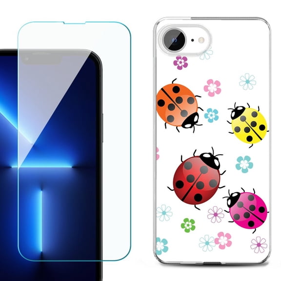 For For iPhone 16e Phone Case Cover, Shockproof Case with Tempered Glass Screen Protector, by OneToughShield - Ladybug