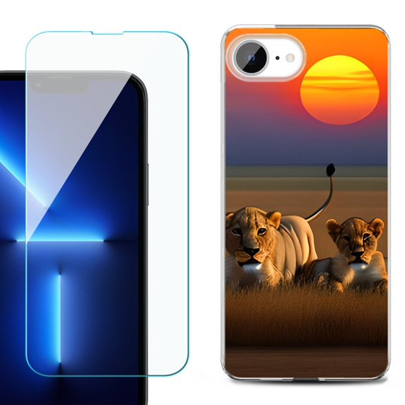 For For iPhone 16e Phone Case Cover, Shockproof Case with Tempered Glass Screen Protector, by OneToughShield - Lion Sunset